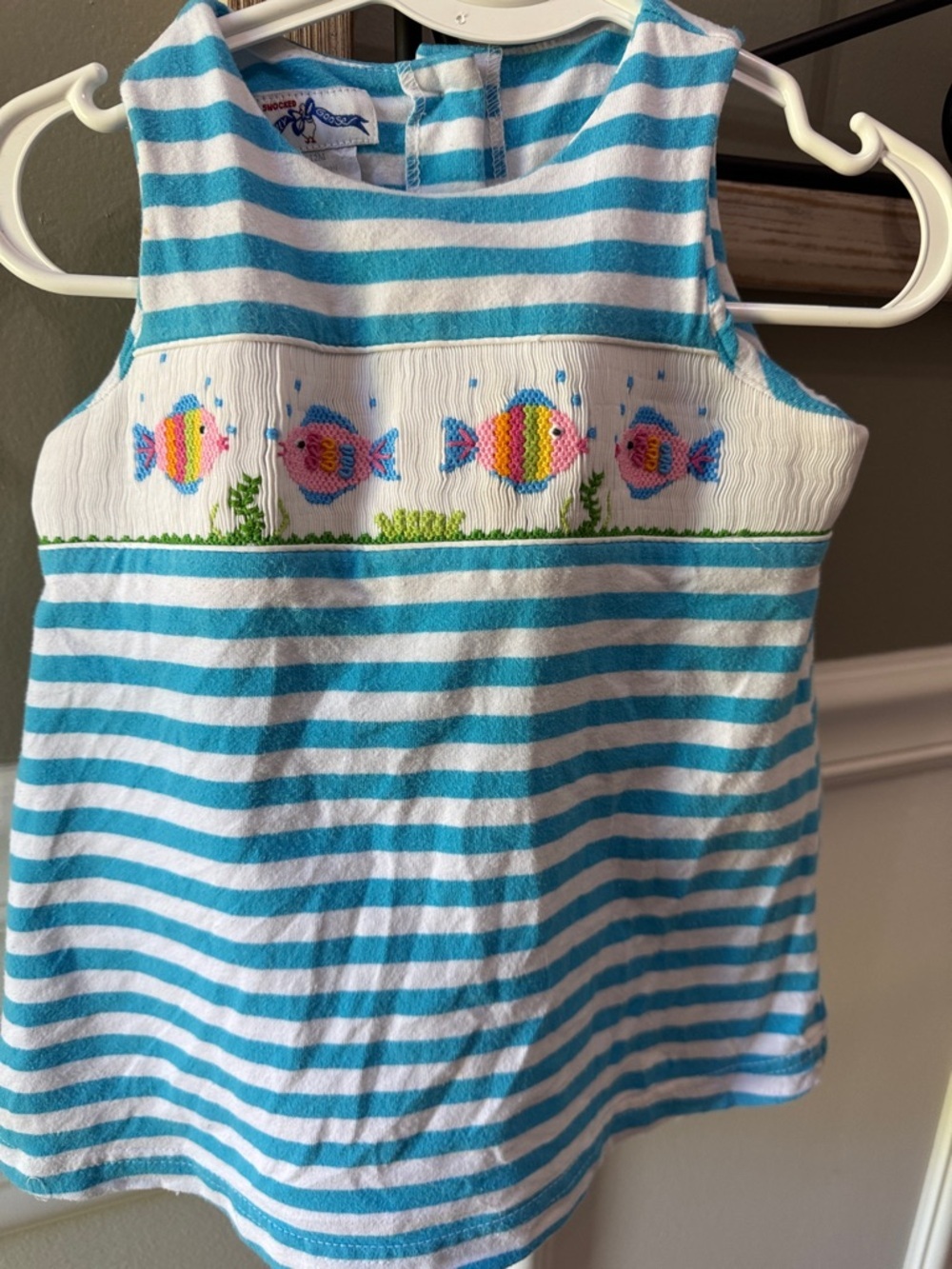 Striped Aqua & White Girls' Sundress with Colorful Fish Smocked 12 months